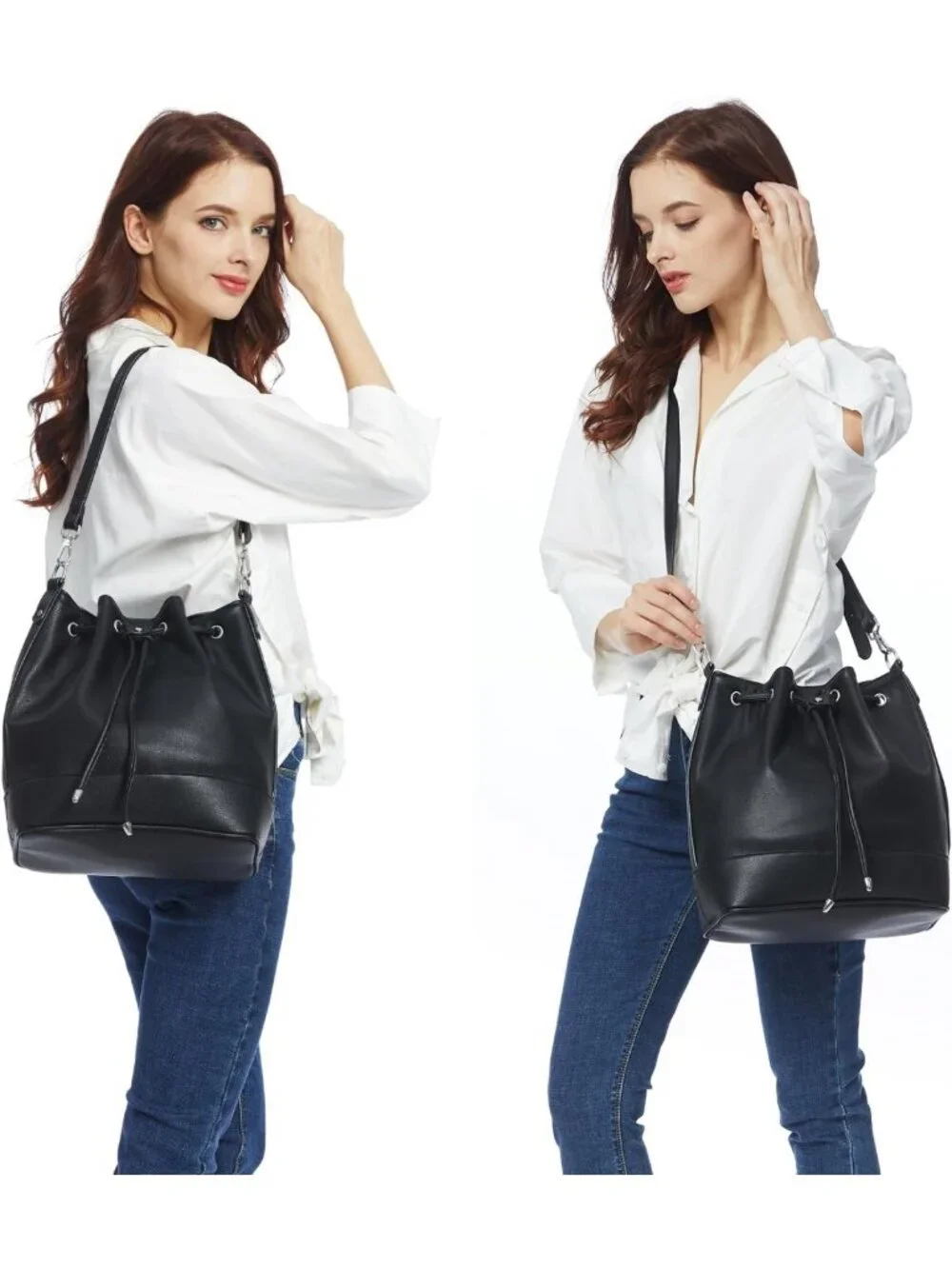 Stylish Leather Bucket Bag & Drawstring Crossbody Purse for Women - Medium Tote
